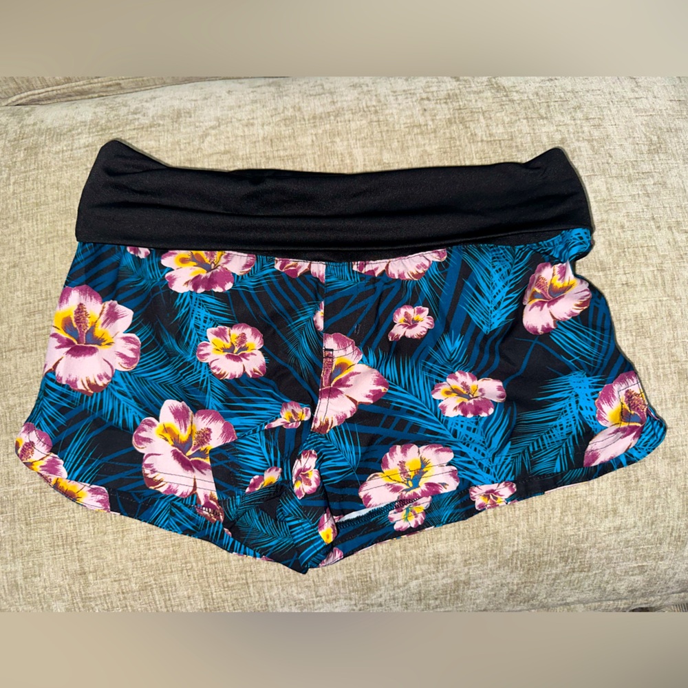 Burnside Black and Blue Floral Swim Shorts with Elastic Waistband